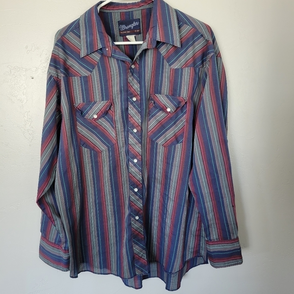Wrangler Vintage Men's X-Long Tails 17-35 Long Sleeve Striped Pearl Snap Shirt
